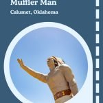 Add a classic roadside stop to your Route 66 adventure with the Native American Muffler Man in Calumet, Oklahoma! This rare fiberglass figure once stood outside a Clinton car dealership before relocating to Indian Trading Post & Art. With his raised arm and solemn expression, he’s a unique take on the classic Muffler Man. Stop for a photo and browse handmade Native American crafts, pottery, moccasins, and more inside the shop. #Route66 #Route66RoadMap