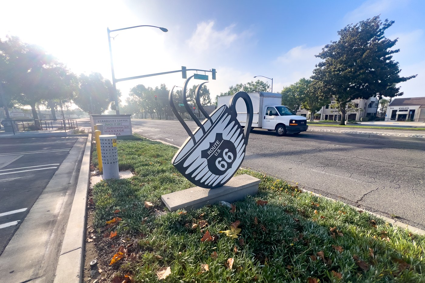 Route 66 Coffee Cup in Upland, California - Coffee Cup Sculpture in front of a Starbucks on Route 66