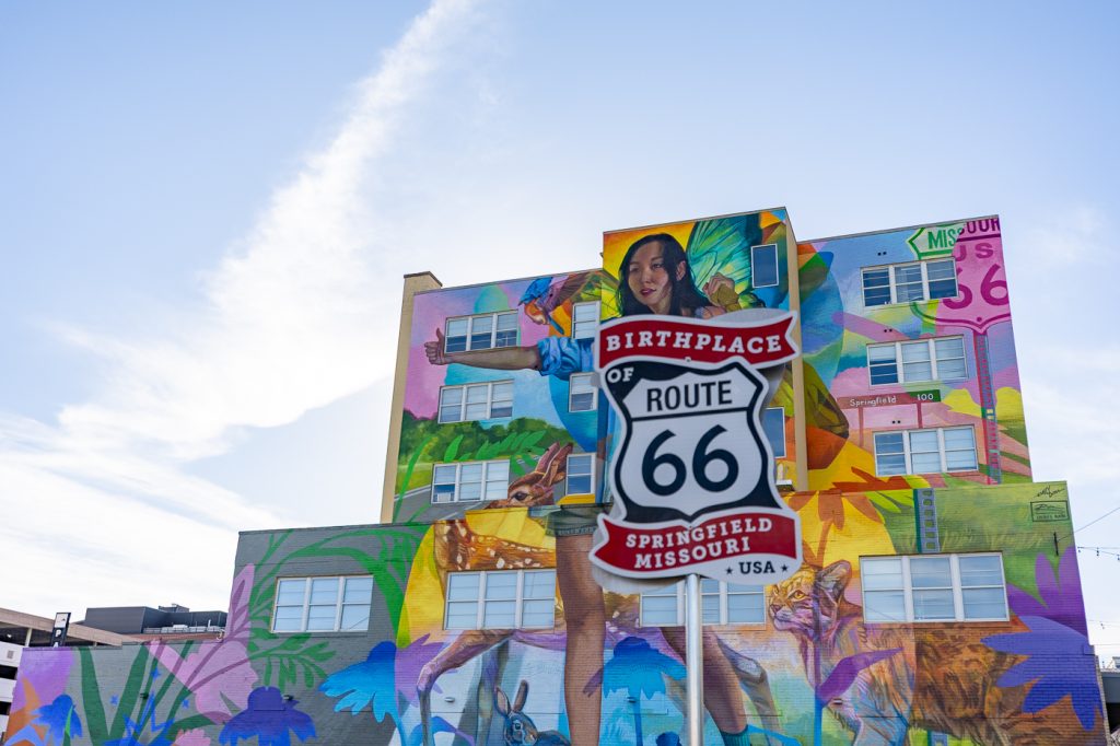 Birthplace of Route 66 Sign and 6-Story Route 66 Mural at the future home of Birthplace Plaza in Springfield, Missouri